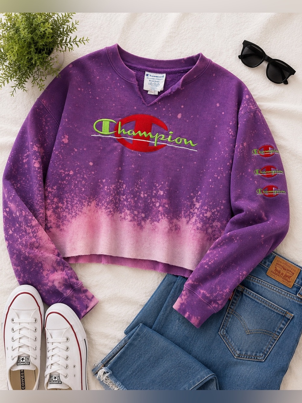 Vintage Champion Reverse Weave XL Purple Bleach Splatter Cropped Sweatshirt